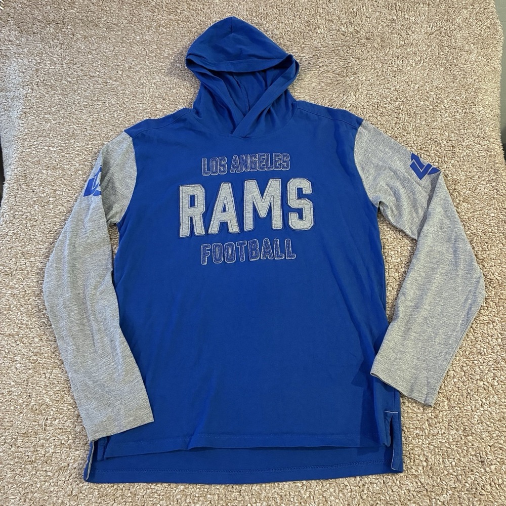 LA Rams Hooded Shirt Boys Large 14/16 Blue Gray NFL Football Long Sleeve Graphic